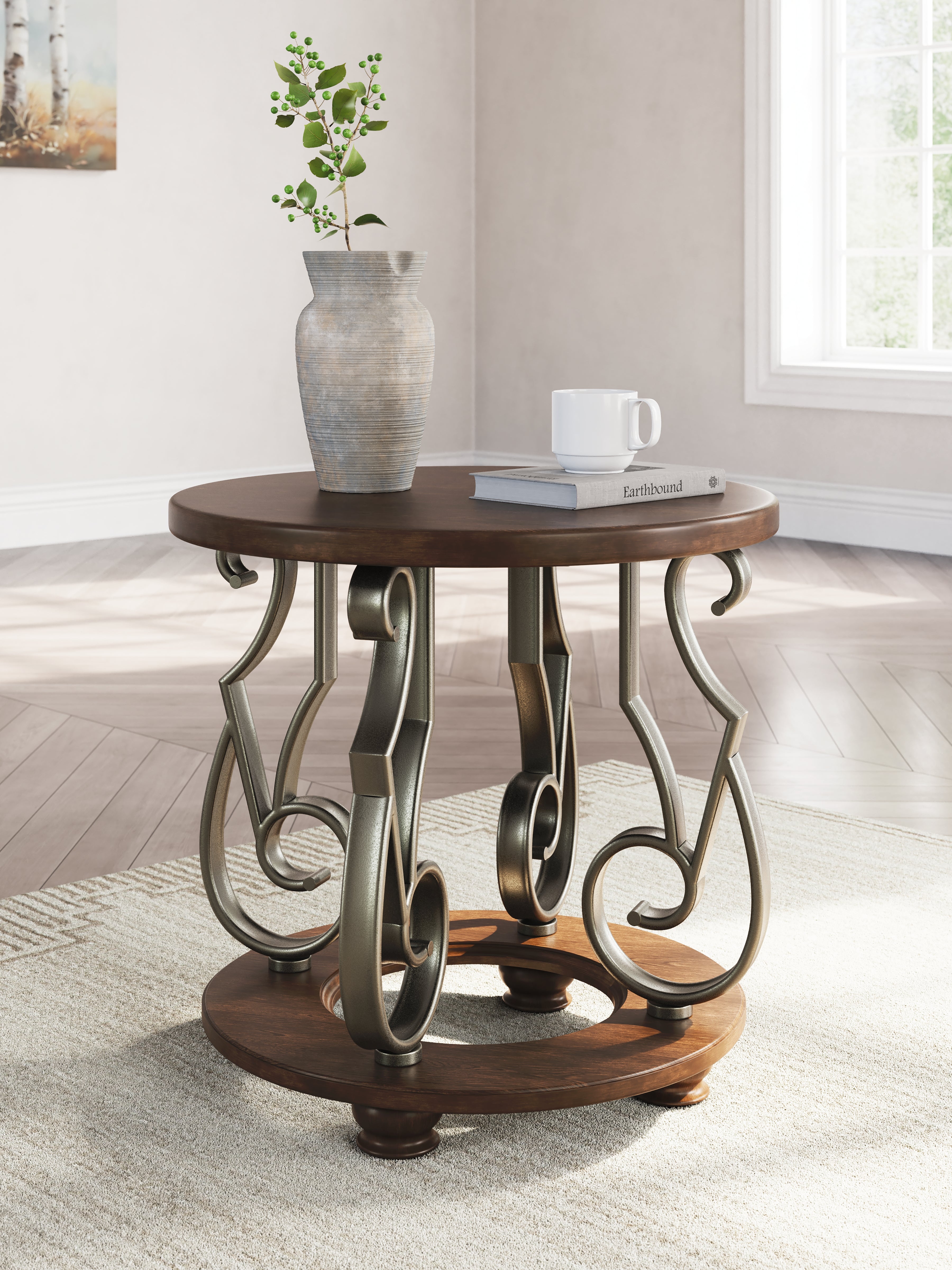 Ashley Furniture - FRALLYN ROUND END TABLE - Dark Brown Wood|Metal - Tables - Additional View 1