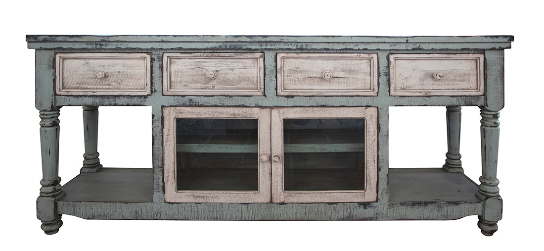 International Furniture Direct - ARUBA 70" SKY BLUE TV STAND - Light Blue|Beige Wood - TV Stands