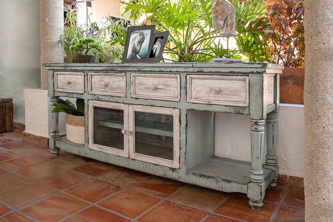 International Furniture Direct - ARUBA 70" SKY BLUE TV STAND - Light Blue|Beige Wood - TV Stands - Additional View 1
