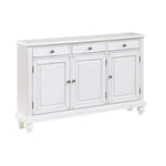 White sideboard with three doors and two drawers on a white background