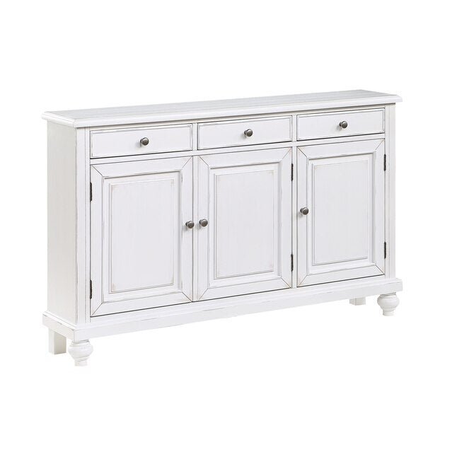 White sideboard with three doors and two drawers on a white background