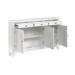 A white wooden console or sideboard cabinet with three drawers at the top, an open center drawer, two open lower cabinet doors, and a shelf inside, shown on a plain white background.