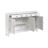 A white wooden console or sideboard cabinet with three drawers at the top, an open center drawer, two open lower cabinet doors, and a shelf inside, shown on a plain white background.