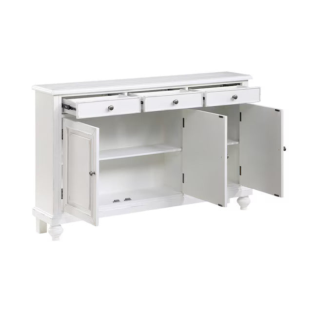 A white wooden console or sideboard cabinet with three drawers at the top, an open center drawer, two open lower cabinet doors, and a shelf inside, shown on a plain white background.