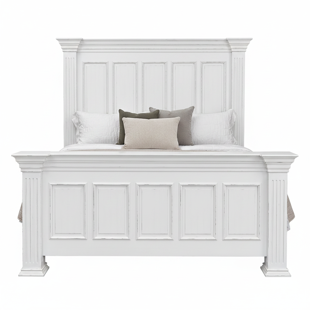 A white wooden bed frame with a tall paneled headboard and matching footboard, styled with white, gray, and beige pillows on a plain white background.