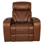 A brown faux leather home theater recliner chair with diamond-quilted stitching on the backrest and seat, featuring integrated side cup holders, shown against a plain white background.