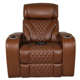 A brown faux leather home theater recliner chair with diamond-quilted stitching on the backrest and seat, featuring integrated side cup holders, shown against a plain white background.