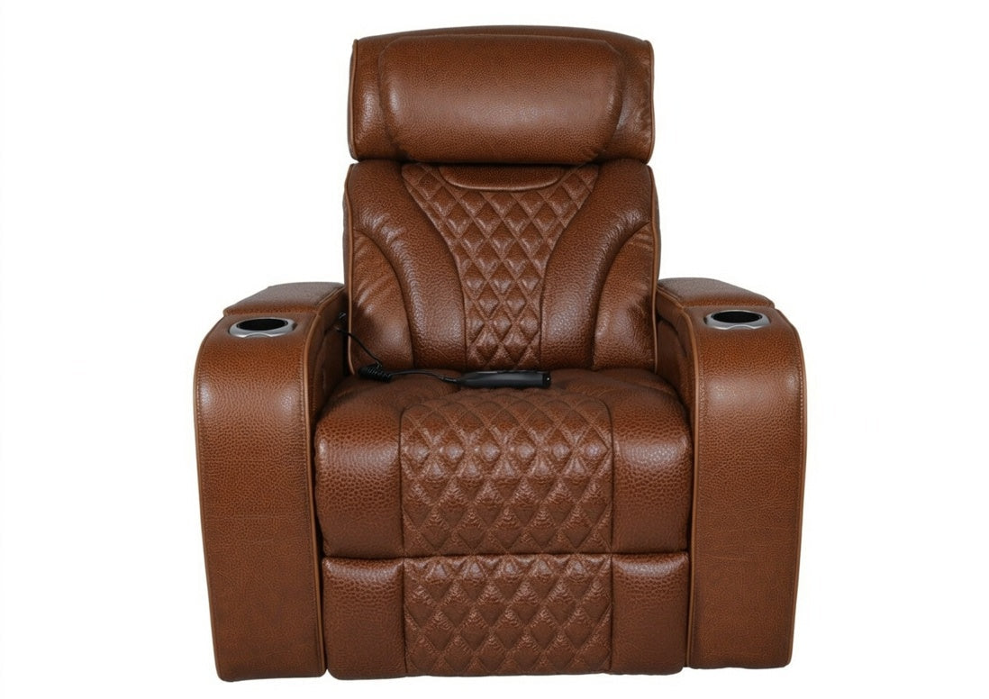 A brown faux leather home theater recliner chair with diamond-quilted stitching on the backrest and seat, featuring integrated side cup holders, shown against a plain white background.