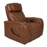 A brown leather recliner chair with quilted stitching, armrest cup holders, and a headrest, shown from a three-quarter angle on a white background.