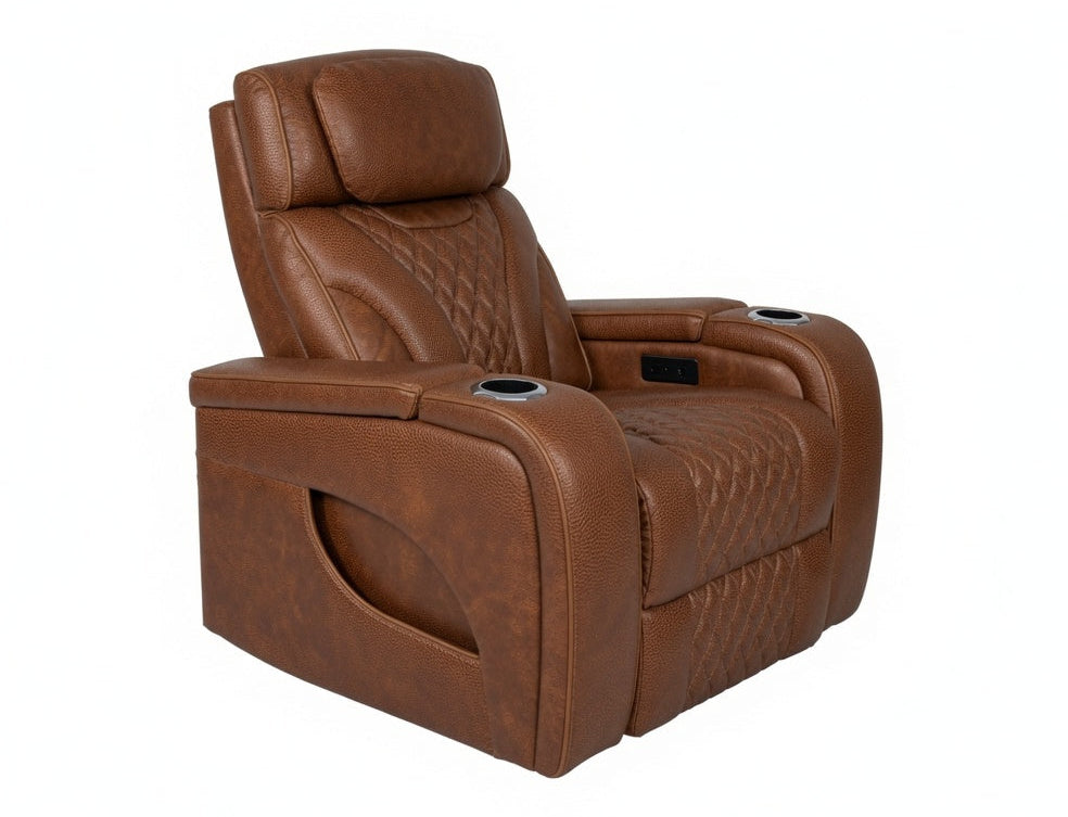 A brown leather recliner chair with quilted stitching, armrest cup holders, and a headrest, shown from a three-quarter angle on a white background.