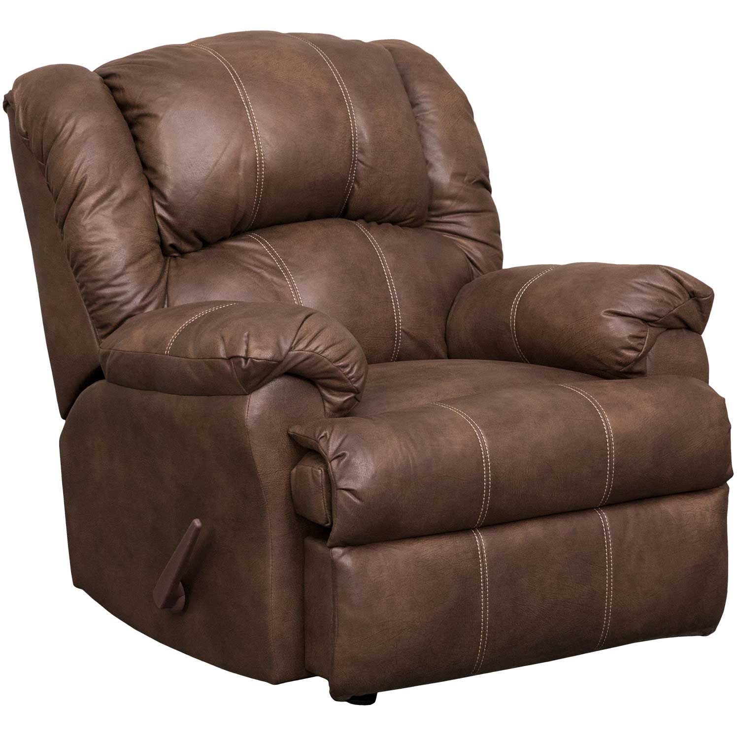 A brown faux-leather recliner chair with tufted cushions and contrast stitching, shown on a plain white background.