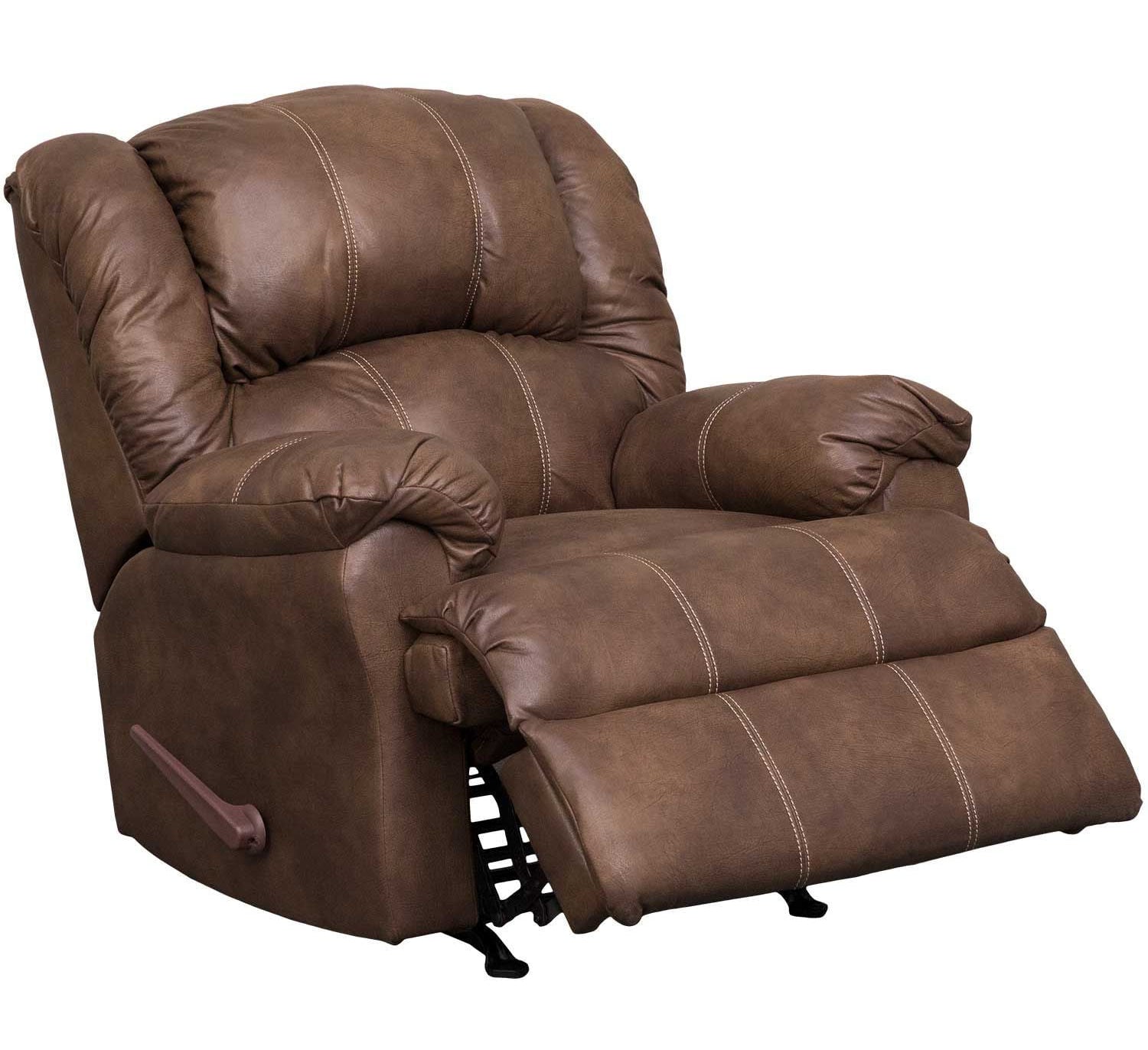 A brown faux leather recliner chair with the footrest extended, shown against a plain white background.