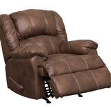 A brown faux leather recliner chair with the footrest extended, shown against a plain white background.