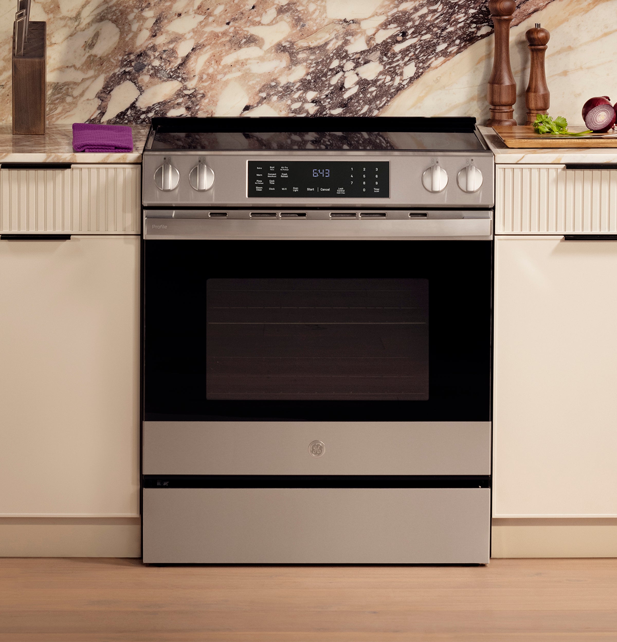 GE PROFILE STAINLESS ELECTRIC SLIDE-IN RANGE WITH INDUCTION, CONVECTION, AND AIR FRY - Pearl Silver|Black - Ranges - Additional View 5