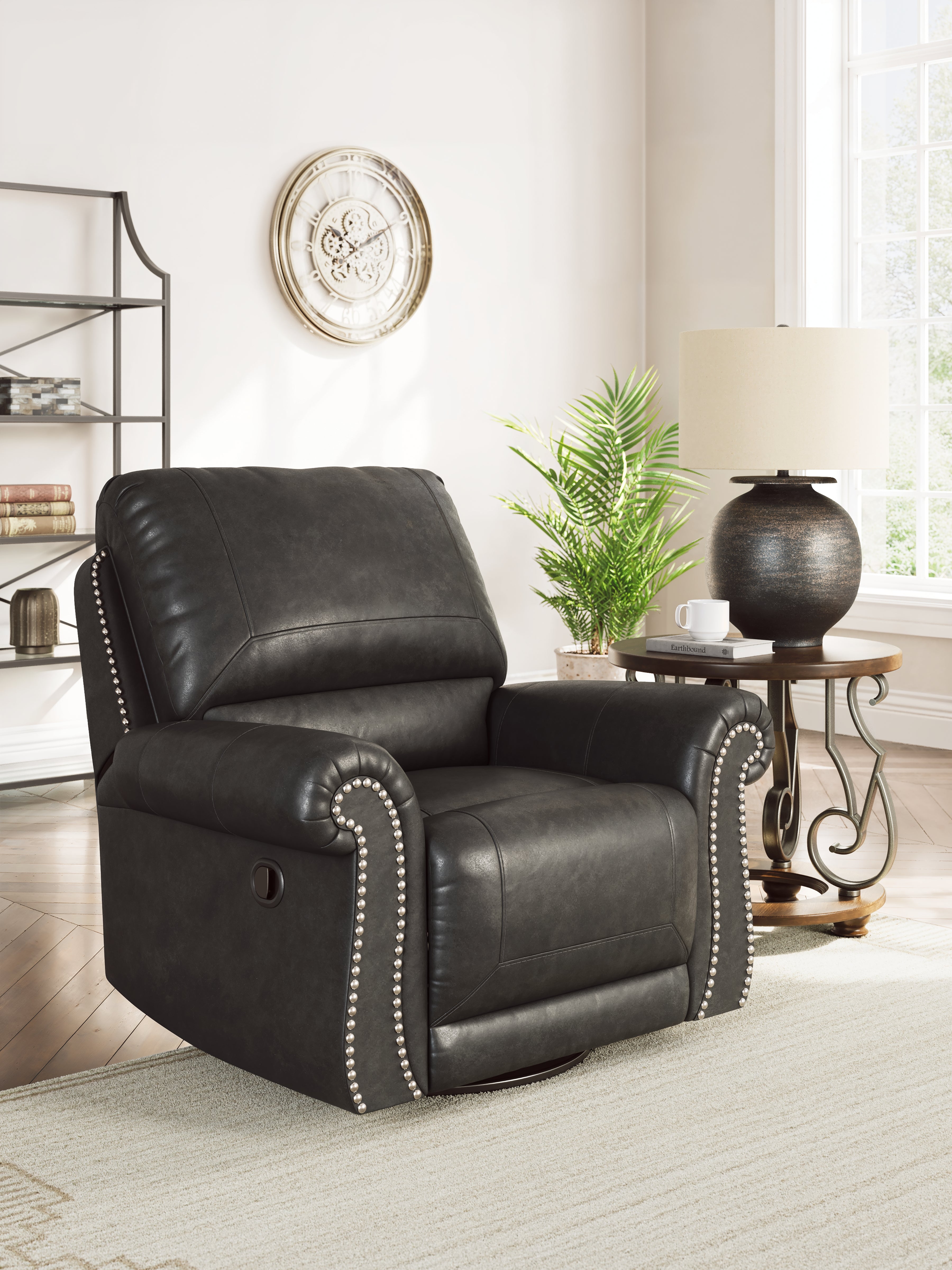 Ashley Furniture - Shadsburne Swivel Glider Recliner - Granite - Dark Gray Faux Leather - Chairs - Additional View 1