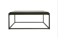 A modern rectangular coffee table with a dark gray wood-grain top and a black metal frame, shown against a plain white background.