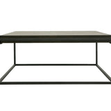 A modern rectangular coffee table with a dark gray wood-grain top and a black metal frame, shown against a plain white background.