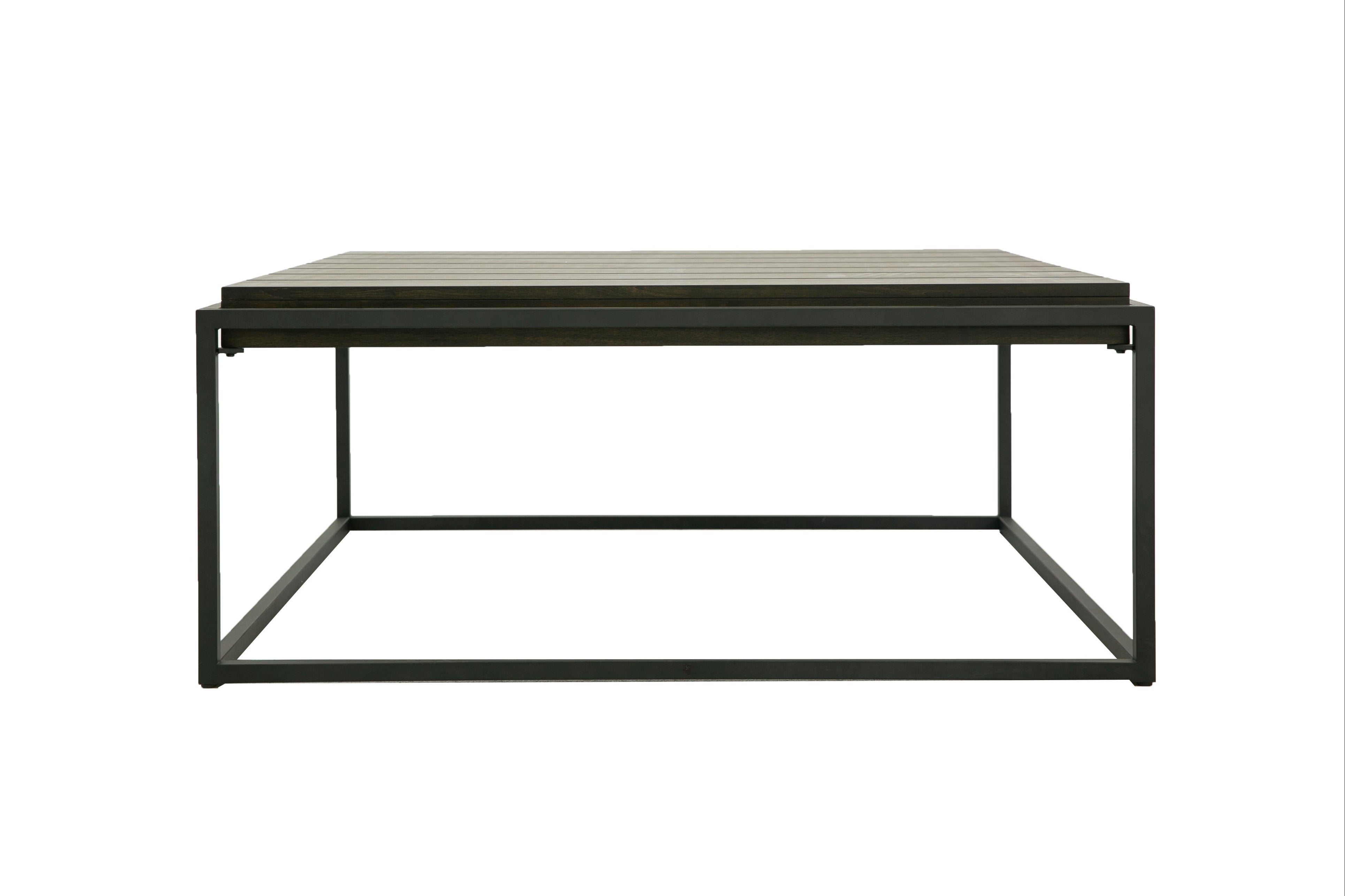 A modern rectangular coffee table with a dark gray wood-grain top and a black metal frame, shown against a plain white background.