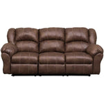A three-seat reclining sofa upholstered in brown faux leather, shown from a front-facing perspective against a plain white background.