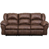A three-seat reclining sofa upholstered in brown faux leather, shown from a front-facing perspective against a plain white background.