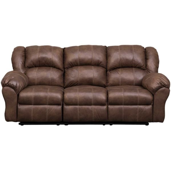 A three-seat reclining sofa upholstered in brown faux leather, shown from a front-facing perspective against a plain white background.