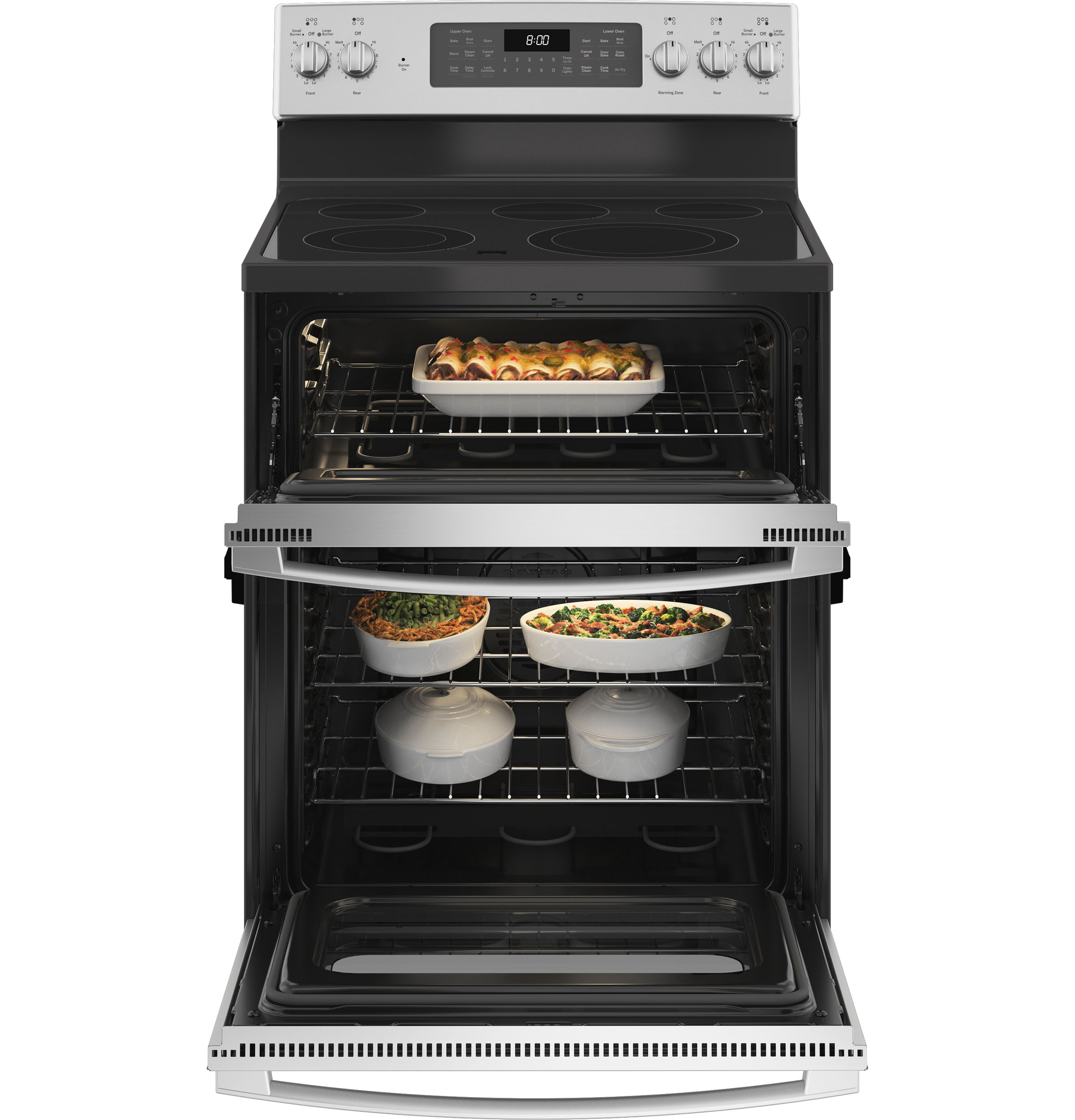 GE STAINLESS ELECTRIC FREE STANDING DOUBLE OVEN CONVECTION RANGE - Pearl Silver|Black - Ranges - Additional View 2