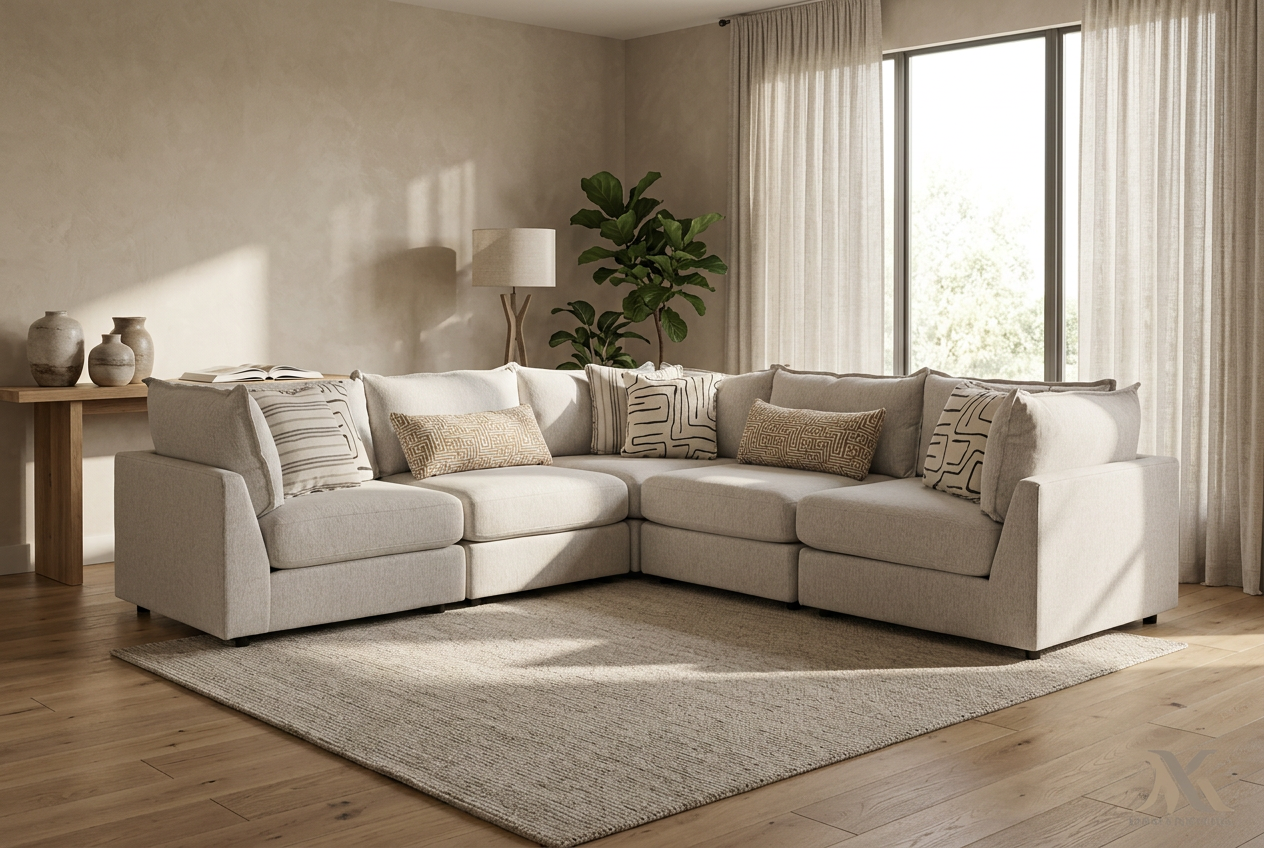 A light beige sectional sofa with matching throw pillows in a modern, sunlit living room with wood floors and a large area rug.