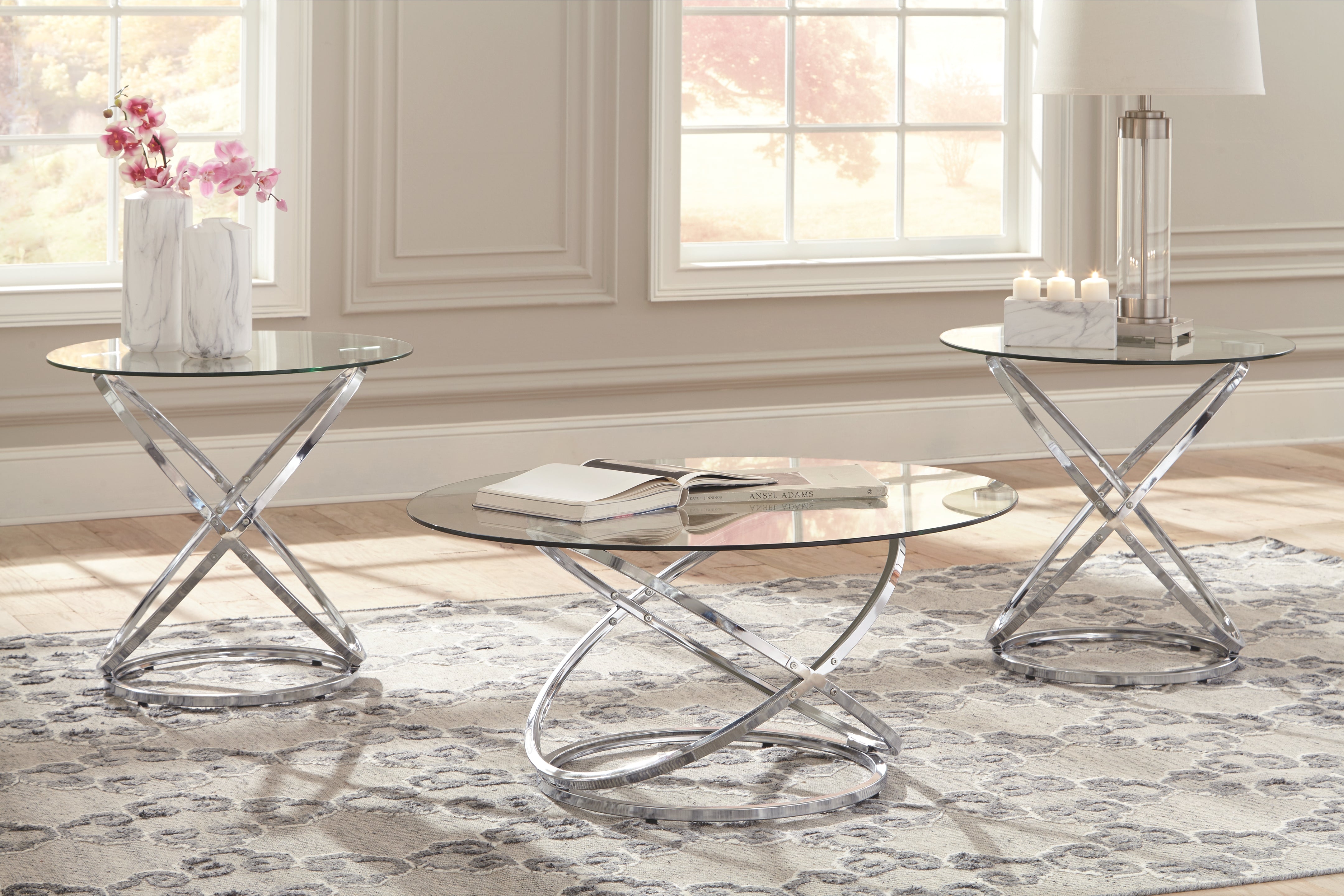 Ashley Furniture - HOLLYNYX 3 PIECE OCCASIONAL TABLE SET - Pearl Silver Glass|Metal - Tables - Additional View 1