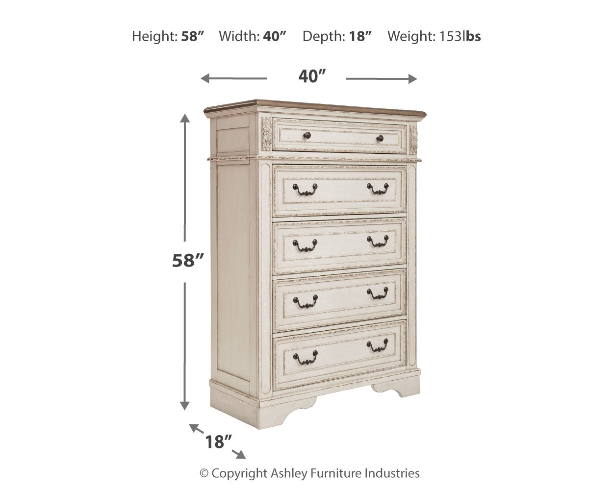 Ashley Furniture - REALYN FIVE DRAWER CHEST - White Wood - Chests - Additional View 3