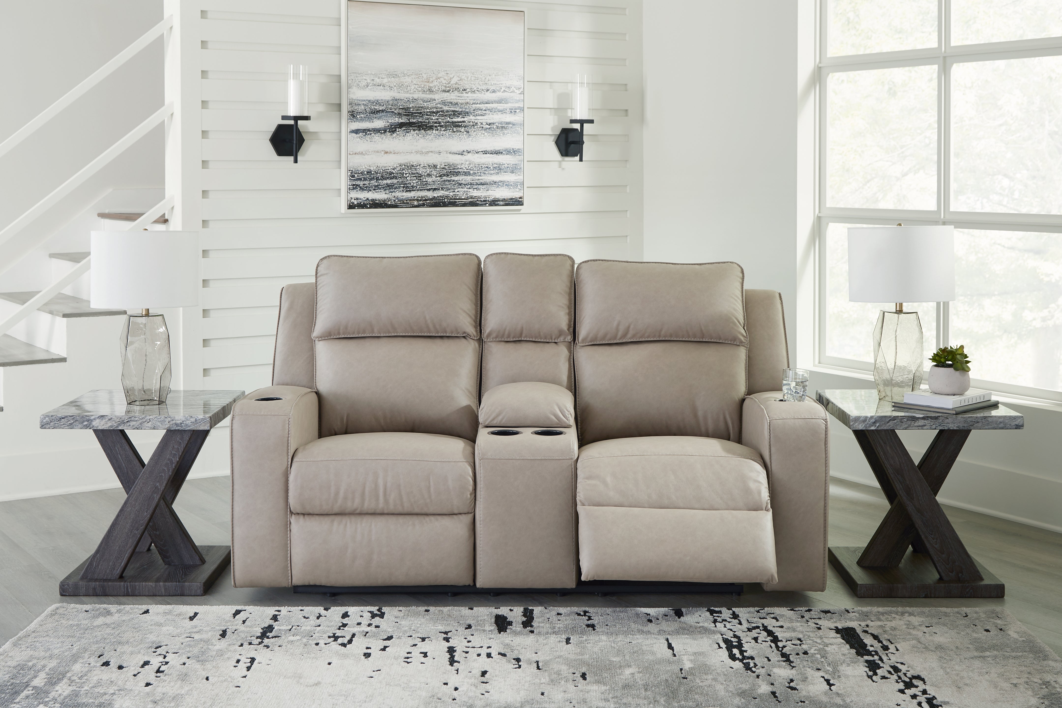 Ashley Furniture - Lavenhorne Reclining Loveseat With Console - Pebble - Pearl Silver Faux Leather - Loveseats - Additional View 1