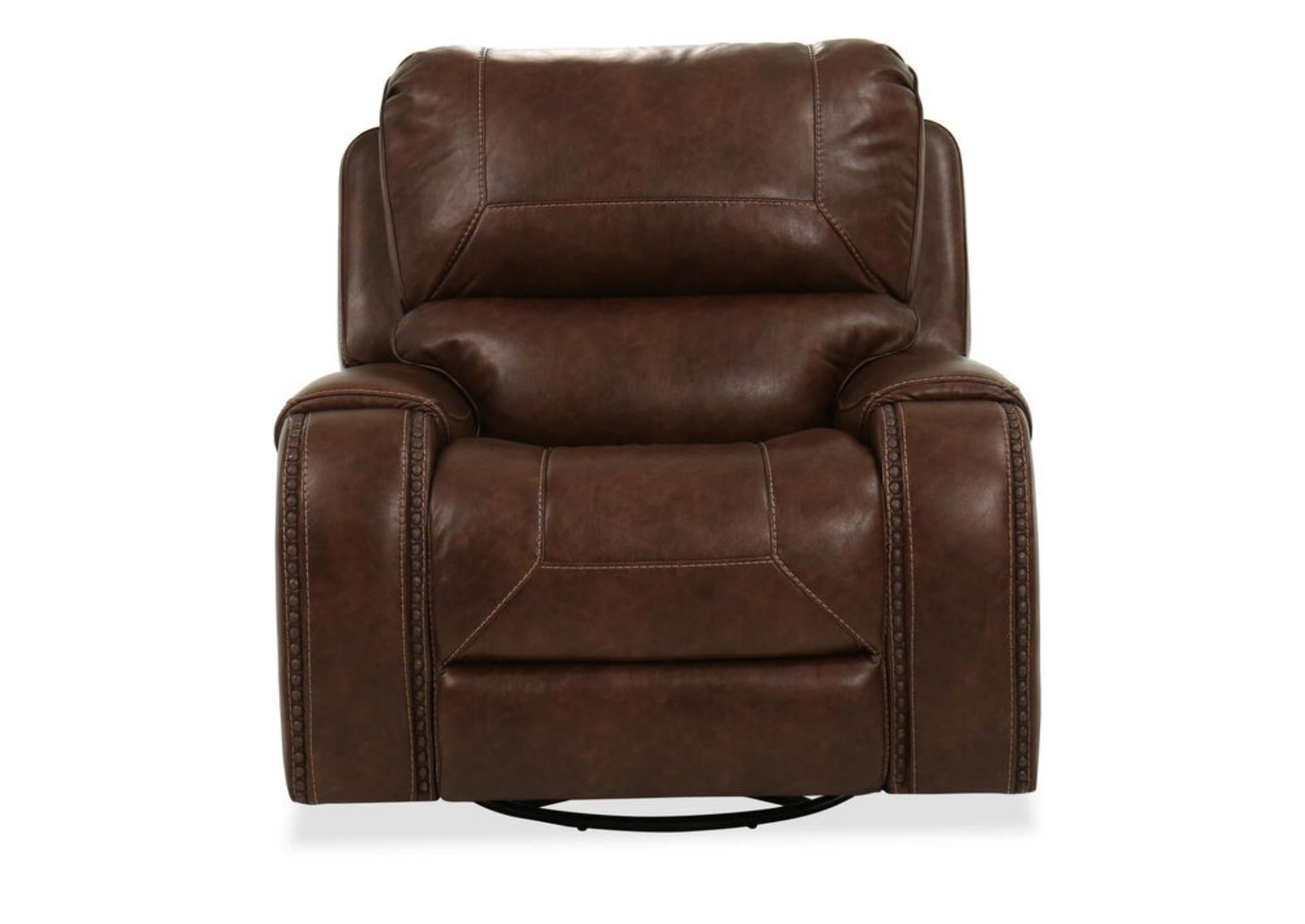 A dark brown leather recliner chair with a swivel base, shown from a front-facing perspective on a white background.