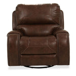 A dark brown leather recliner chair with a swivel base, shown from a front-facing perspective on a white background.