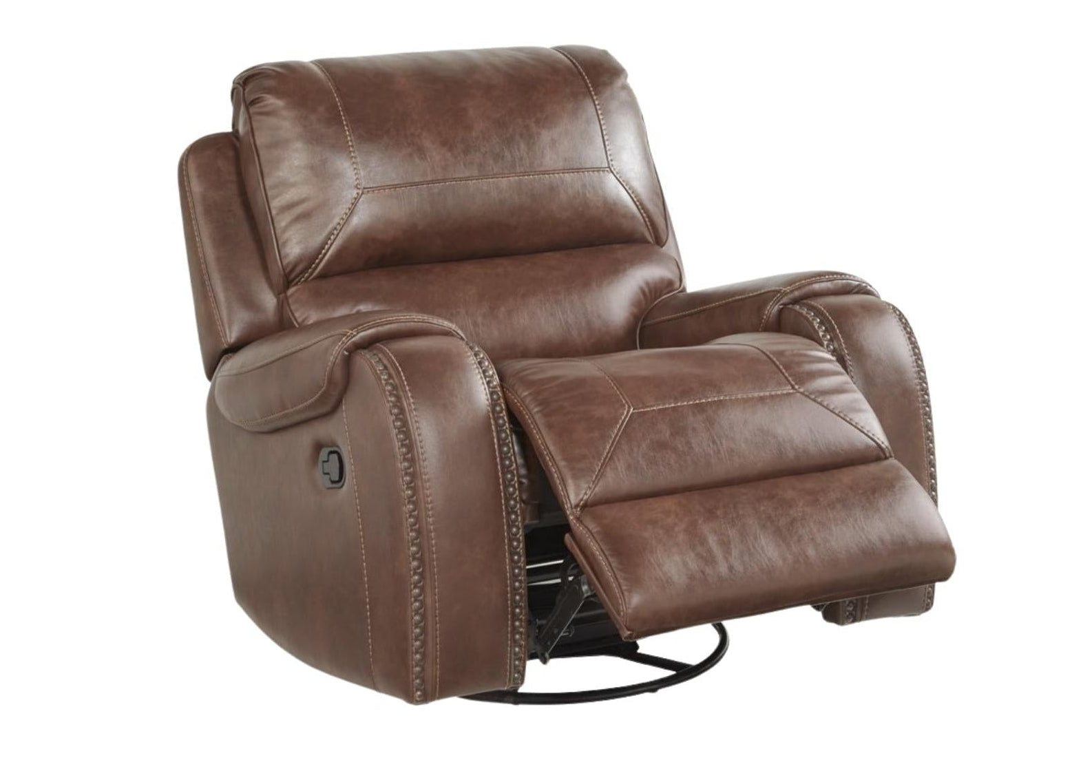 A brown leather recliner chair with the footrest extended, shown against a plain white background.