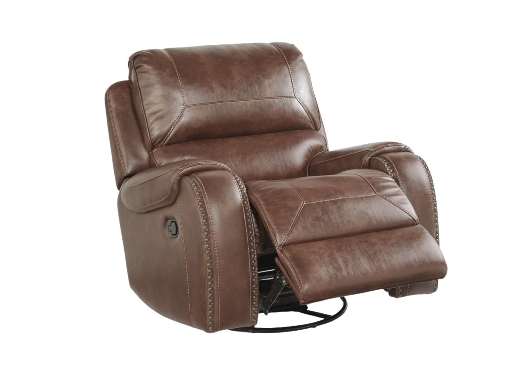 A brown leather recliner chair with the footrest extended, shown against a plain white background.