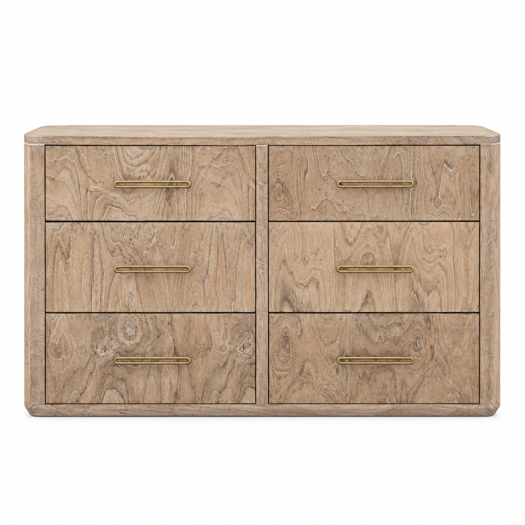 A six-drawer wooden dresser with a light oak finish and brass handles, shown against a plain white background.