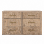 A six-drawer wooden dresser with a light oak finish and brass handles, shown against a plain white background.