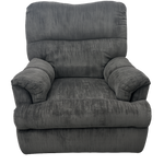A dark gray plush recliner armchair with a textured fabric, shown from a front-facing perspective on a solid white background.