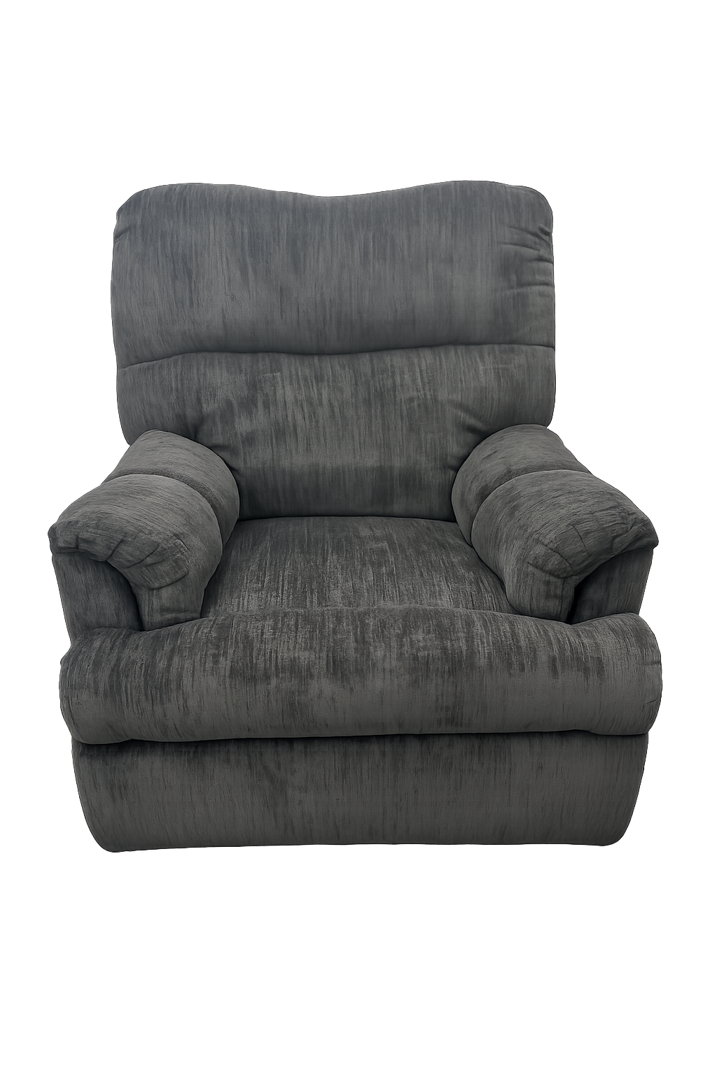 A dark gray plush recliner armchair with a textured fabric, shown from a front-facing perspective on a solid white background.