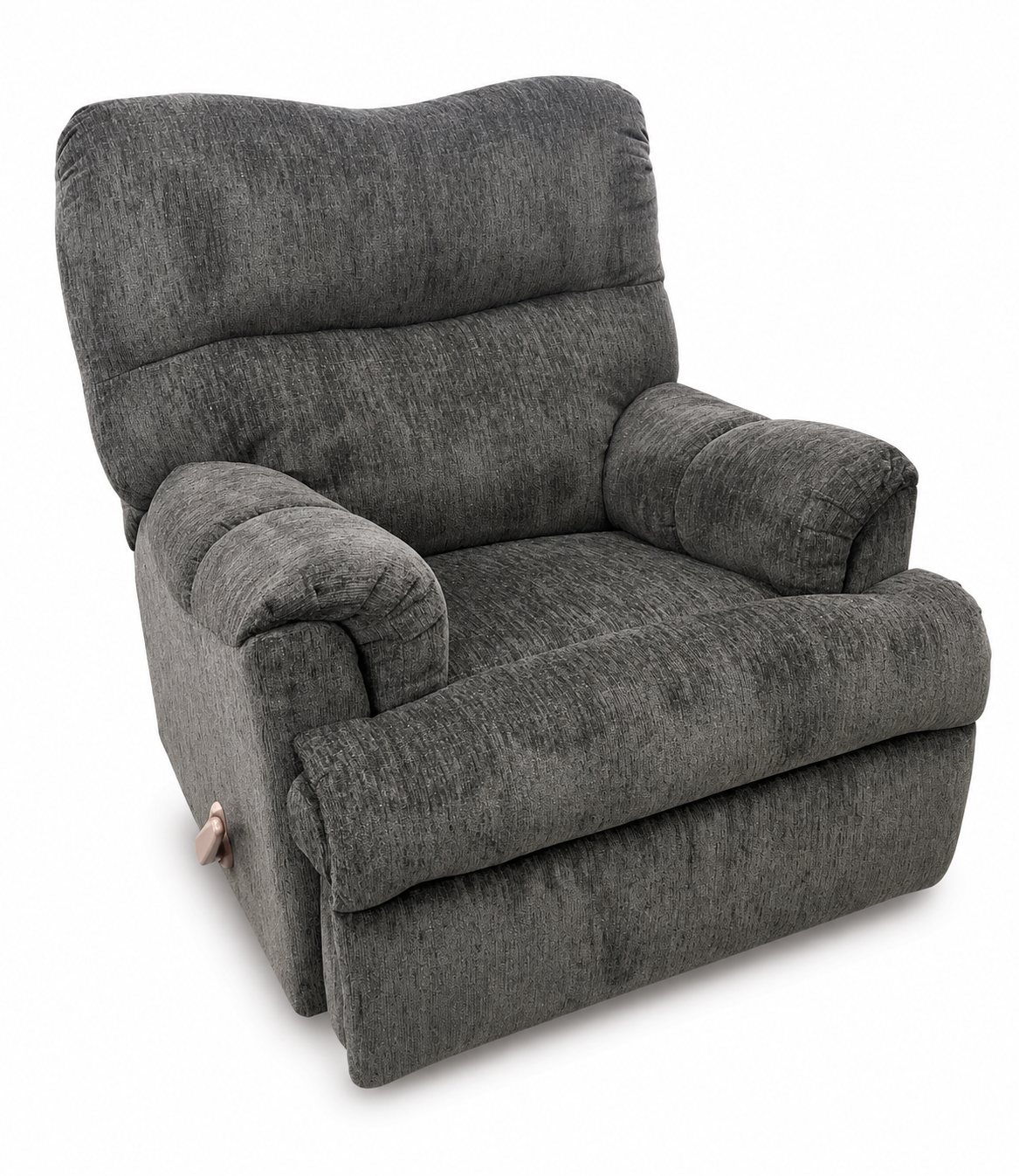 A dark gray textured fabric recliner chair with a high back, padded headrest, and wide armrests, shown on a plain white background.