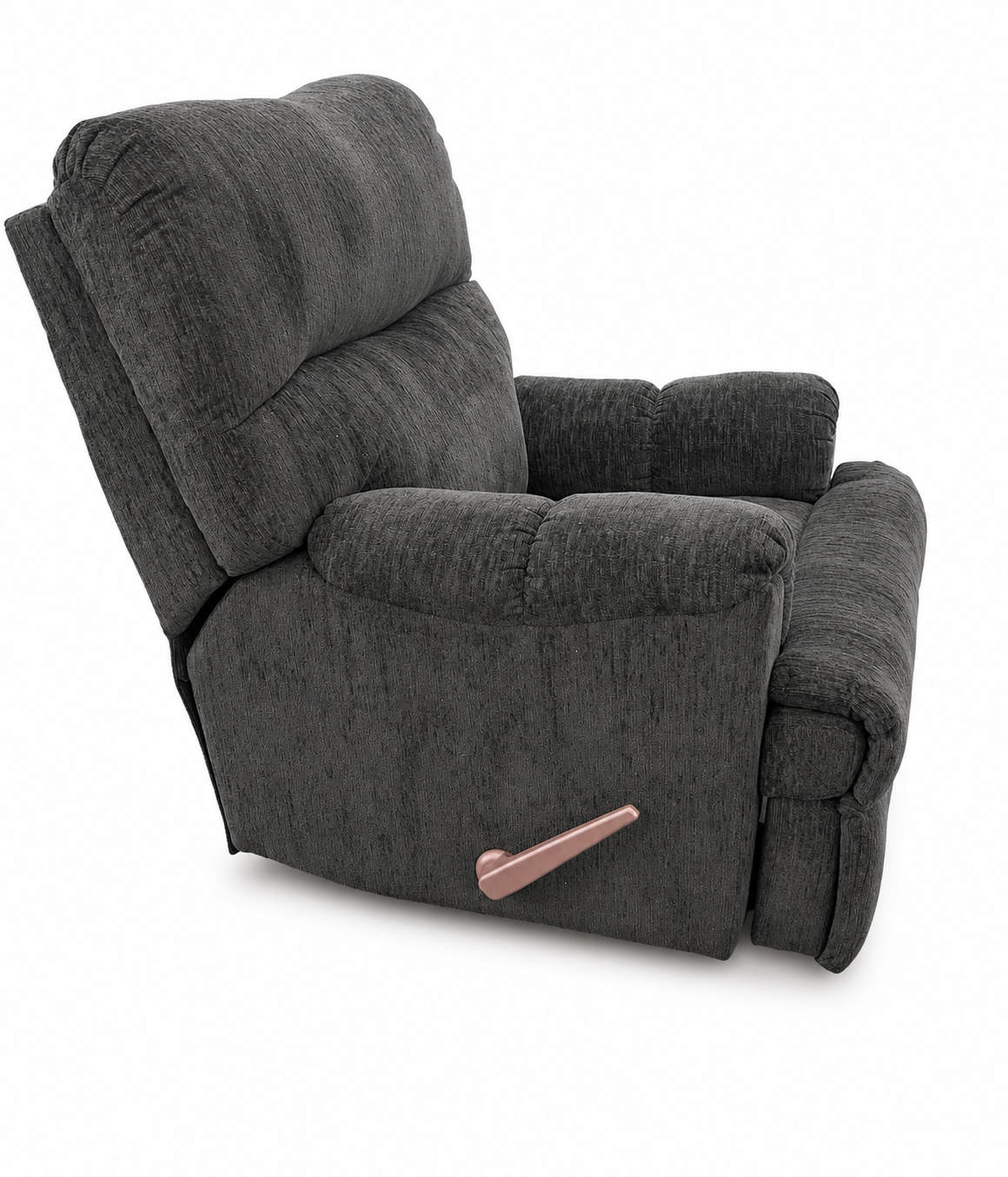 A dark gray textured fabric recliner chair with a metallic rose gold control lever on the side, shown against a plain white background.