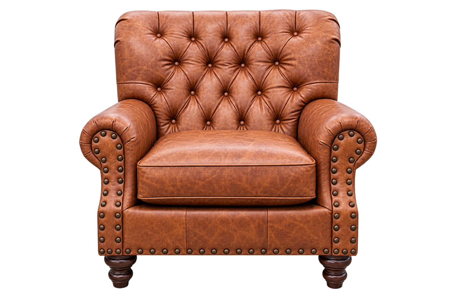 A classic brown leather armchair with button tufting, rolled arms, brass nailhead trim, and dark wooden legs, isolated on a white background.