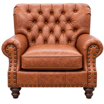 A classic brown leather armchair with button tufting, rolled arms, brass nailhead trim, and dark wooden legs, isolated on a white background.