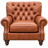 A classic brown leather armchair with button tufting, rolled arms, brass nailhead trim, and dark wooden legs, isolated on a white background.