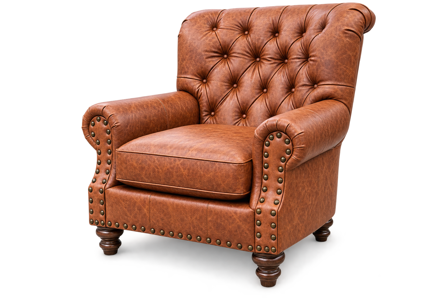 A classic brown tufted leather armchair with rolled arms, brass nailhead trim, and dark wooden legs, shown on a plain white background.