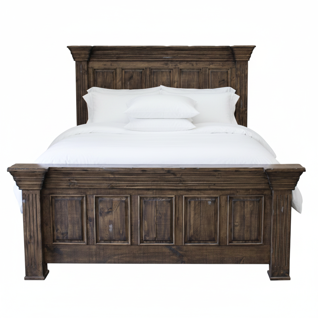 A dark brown wooden bed frame with a tall paneled headboard and matching footboard, styled with white bedding and pillows against a plain white background.