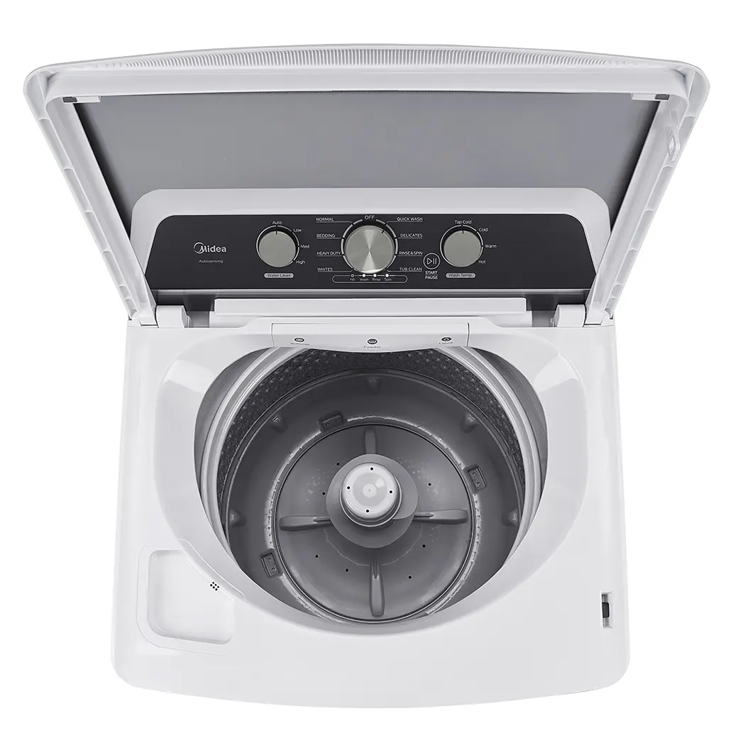 A top-loading washing machine with its lid open, showing the interior drum and control panel. The machine is white with a black control panel and gray inner drum, photographed on a clean white background.