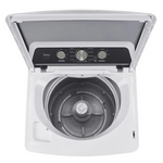 A top-loading washing machine with its lid open, showing the interior drum and control panel. The machine is white with a black control panel and gray inner drum, photographed on a clean white background.