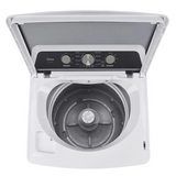 A top-loading washing machine with its lid open, showing the interior drum and control panel. The machine is white with a black control panel and gray inner drum, photographed on a clean white background.