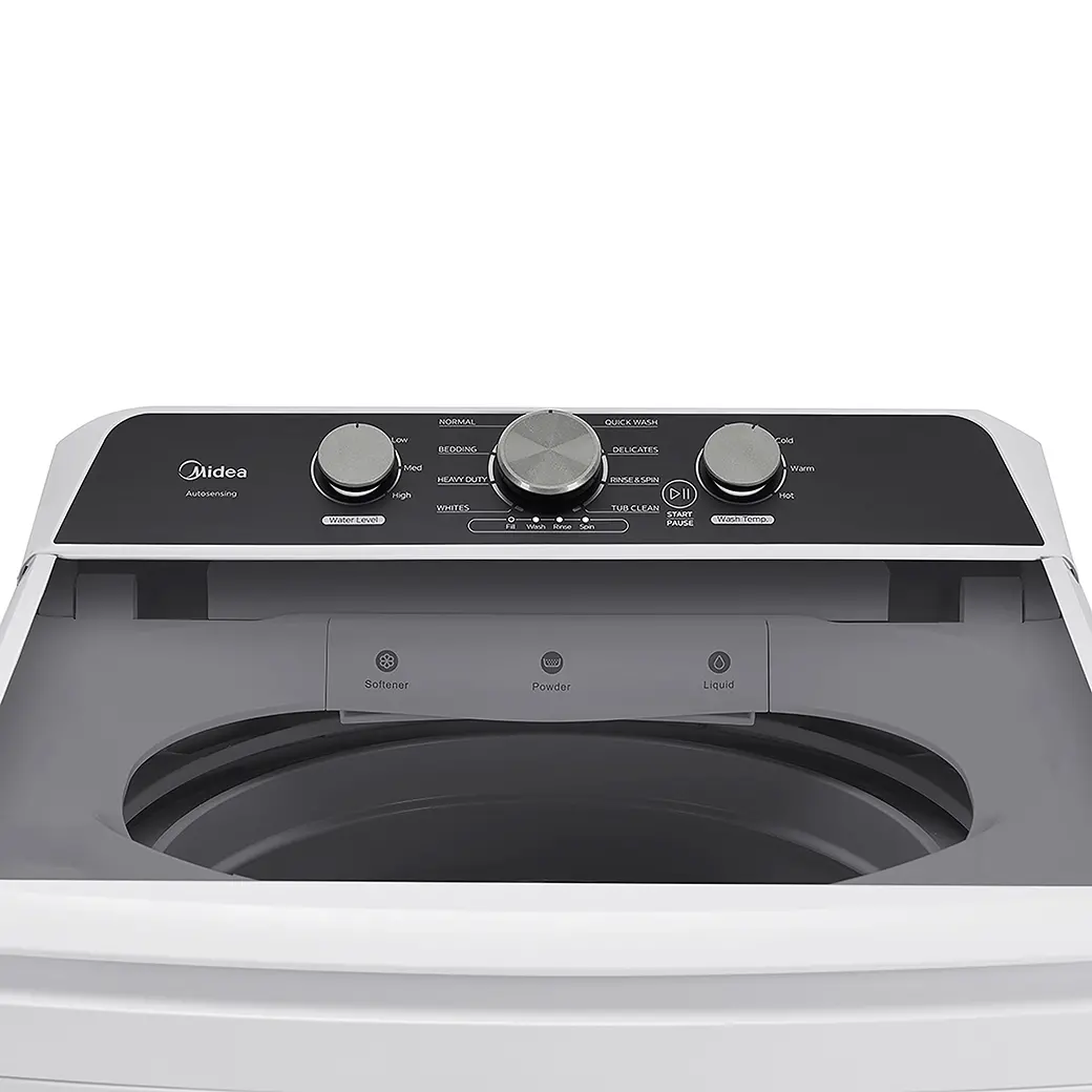 Top-down view of a Midea washing machine with a black control panel and dark gray drum, shown on a white background.