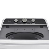 Top-down view of a Midea washing machine with a black control panel and dark gray drum, shown on a white background.
